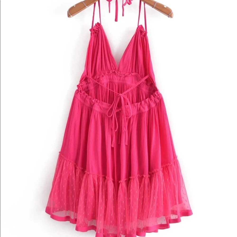 Mesh self-tie halter dress (pink)